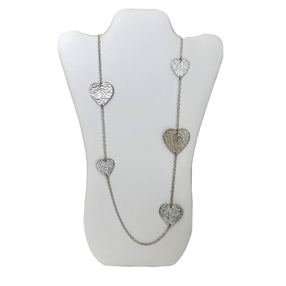 Silver Tone Chain Necklace Hammered Steel Hearts Signed NY - Picture 2 of 5